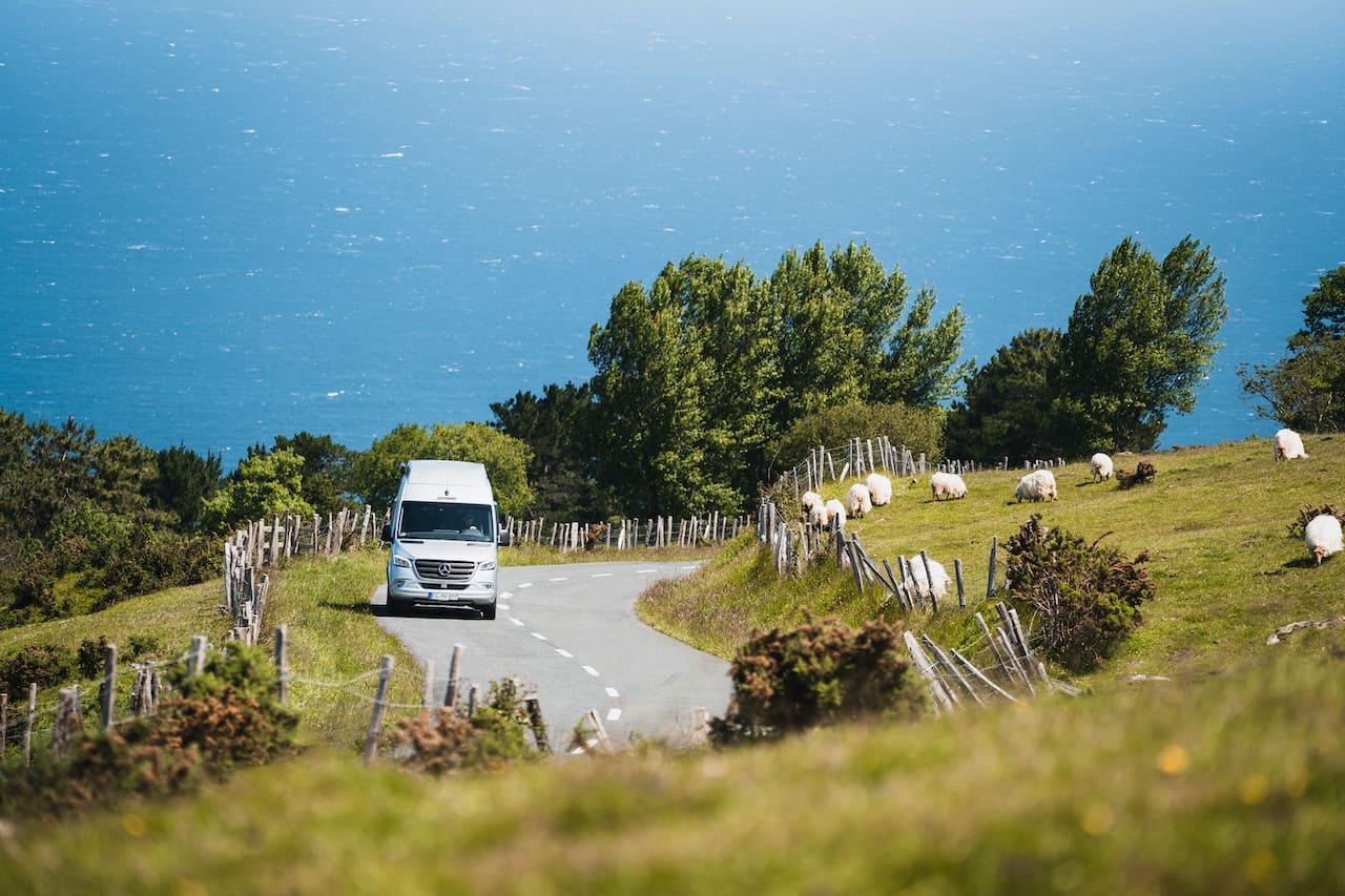 Ein weißer Lieferwagen fährt eine kurvenreiche Landstraße entlang, die von grünen Hügeln mit weidenden Schafen, Bäumen und Holzzäunen gesäumt ist. Im Hintergrund ist das blaue Meer unter einem klaren Himmel zu sehen.